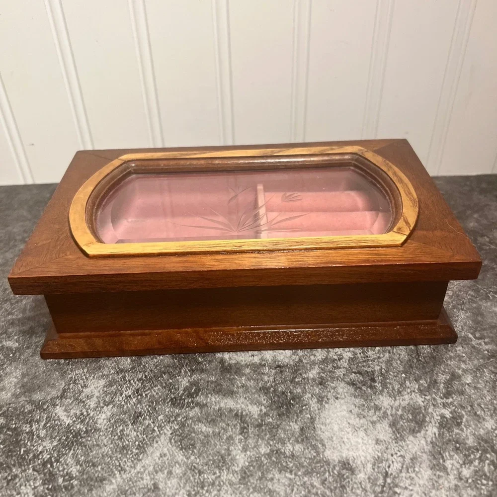 Vintage Mid-Century Wood Jewelry Box Etched Glass
